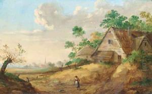 A peasant woman on a path, a farm and a village in the distance