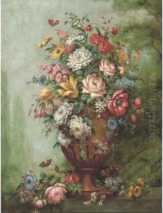 Roses, carnations, poppies, morning glory, chrysanthemums and other flowers in a sculpted urn on a stone ledge