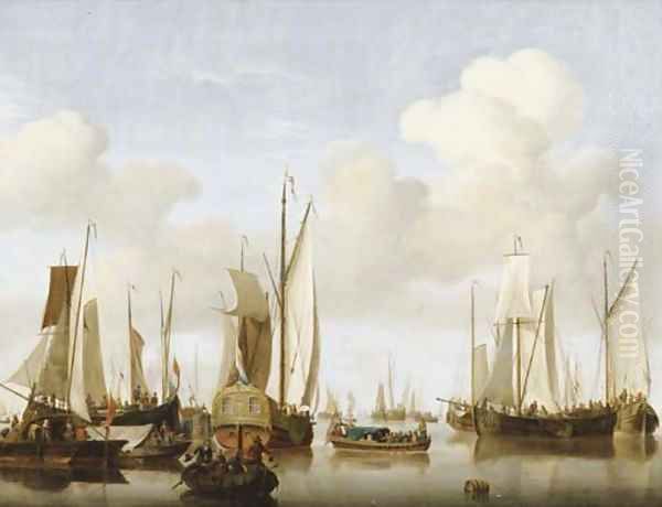 A calm with merchants in a rowing boat in the foreground before a States Yacht, numerous other saiiling boats nearby - view 1
