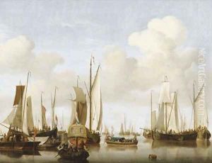 A calm with merchants in a rowing boat in the foreground before a States Yacht, numerous other saiiling boats nearby
