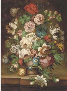 Parrot tulips, roses, carnations, a poppy, morning glory and other flowers in an urn on a stone ledge