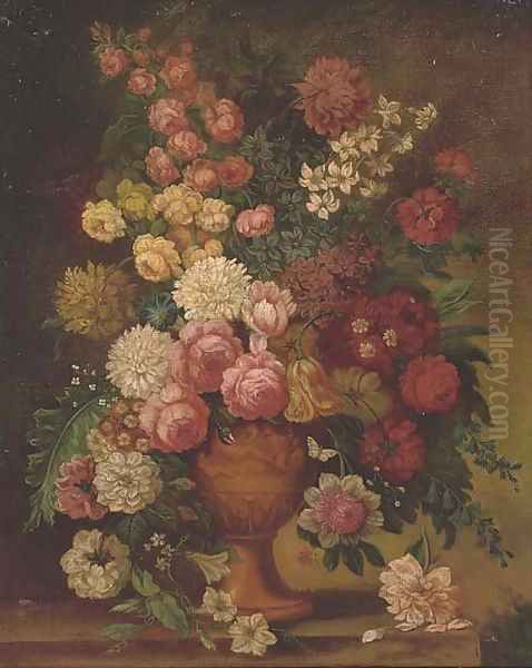 Roses, chrysanthemums, a parrot tulip, morning glory, narcissi and other flowers in a carved urn on a ledge - view 1