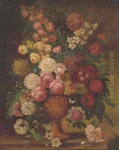 Roses, chrysanthemums, a parrot tulip, morning glory, narcissi and other flowers in a carved urn on a ledge