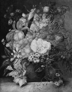 Still Life Of Irises, Roses, Violets And Other Flowers In A Vase On A Ledge