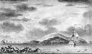 A ship near an island in the Pacific by Nicolas-Marie Ozanne