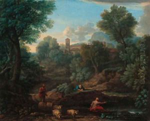 A landscape with a shepherd and sheep at a stream, a village beyond by An Frans Van Orizzonte (see Bloemen)
