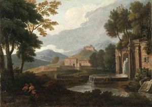 An Italianate Landscape with a Fountain and Philosophers resting in the foreground
