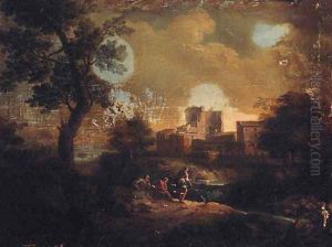 An Italianate landscape with travellers on a path overlooking a villa on a river