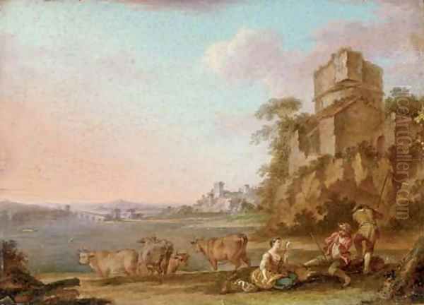 An Italianate river landscape with figures making music, cattle beyond - view 1