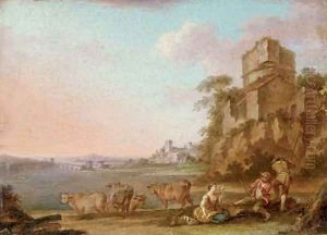 An Italianate river landscape with figures making music, cattle beyond