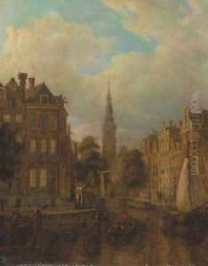 A view of a canal, Amsterdam with the Zuiderkerk towering