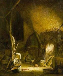 A peasant woman seated by a fire in a barn, pots and pans in the foreground
