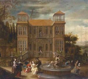A country house with elegant company playing music and cavorting in the courtyard