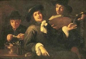 The Five Senses three men smoking, drinking and making music by Jacob van, the Elder Oost