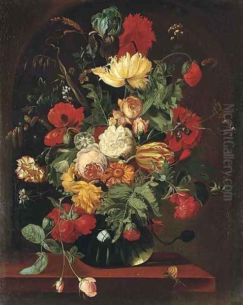 Poppies, tulips, marigolds, corns of wheat, roses and other flowers in a glass vase on a ledge by Jan van Os