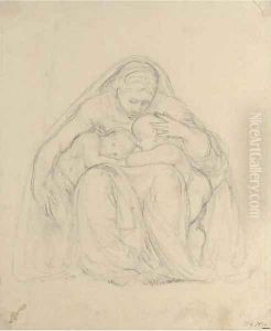 A seated woman sheltering two infants under her cloak