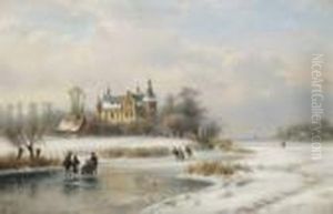 Ijslandschap Met Schaatsende Personages Bij Kasteel