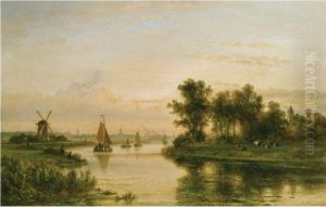 A River Landscape In Summer, A Town In The Distance