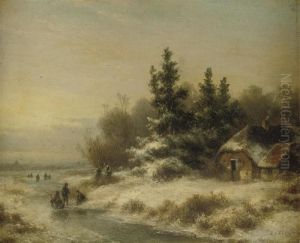 Figures On A Frozen Waterway Near A Farmhouse by Lodewijk Johannes Kleijn