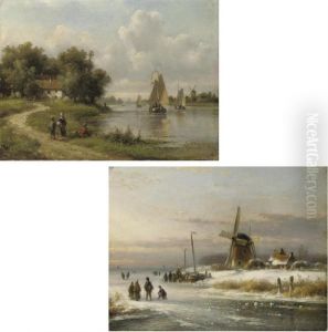 Skaters On The Ice Near A Windmill; And Fishing By The River In Summer by Lodewijk Johannes Kleijn