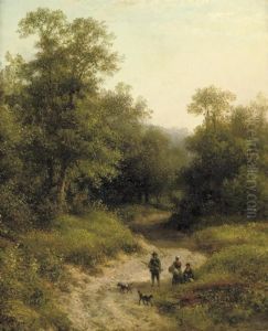 A Hunter And His Family On A Wooded Path
