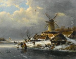 A Winter Landscape With Several Figures On Afrozen Waterway