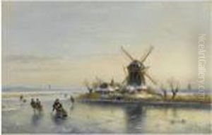 Skaters On A Frozen Waterway Near A Windmill by Lodewijk Johannes Kleijn