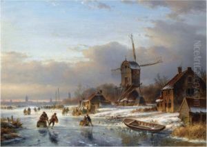 Many Skaters At A 'koek En Zopie' Near A Windmill by Lodewijk Johannes Kleijn