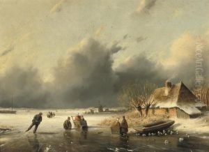 Villagers On A Frozen Waterway by Lodewijk Johannes Kleijn