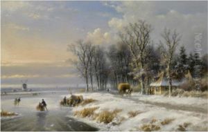Skaters On The Ice Near A 'koek En Zopie' by Lodewijk Johannes Kleijn