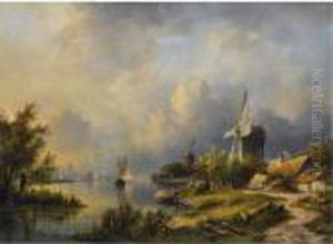 Anglers On The Waterfront, A Town In The Distance