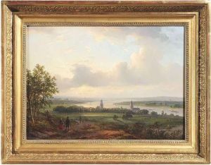 The Rhine Near Arnheim. 
Oil/panel, Signed, Verso On An Label Old Attribution To P.l.f. Kluyver