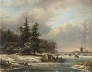Skaters On The Ice With A Koek En Zopie And Utrecht In The Distance by Lodewijk Johannes Kleijn