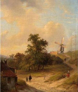 Figures On A Country Road, A Windmill In The Distance