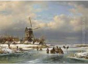 A Winter Landscape With Figures Near A Windmill by Lodewijk Johannes Kleijn