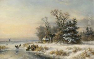 A Winter Landscape With Skaters Near A 'koek En Zopie' by Lodewijk Johannes Kleijn