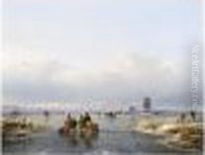 Figures On A Frozen Waterway, A 'koek En Zopie' In The Distance