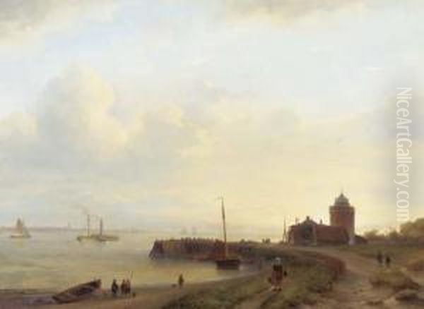 A Panoramic River Landscape With Figures On An Embankment And A Town In The Distance - view 1
