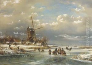 Figures On A Frozen River By A Windmill