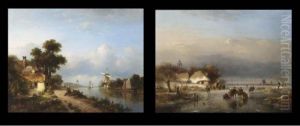 A Summer Landscape With Figures 
On A Riverbank; A Winter Landscape With Skaters On A Frozen Waterway (a 
Pair)