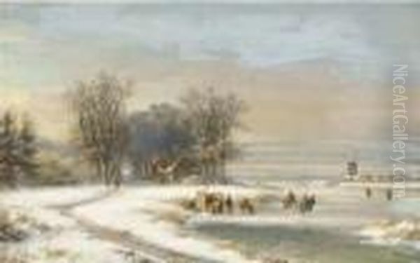Skaters On The Ice By A Koek En Zopie, A Windmill In Thedistance - view 1