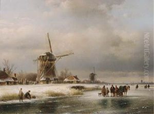 Figures On A Frozen Waterway With Windmills On The River Bank