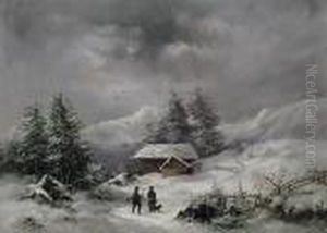 Winterliche Hochgebirgslandschaft Mit Jagerpaar Und Hund Vor Alter Kate by Lodewijk Johannes Kleijn