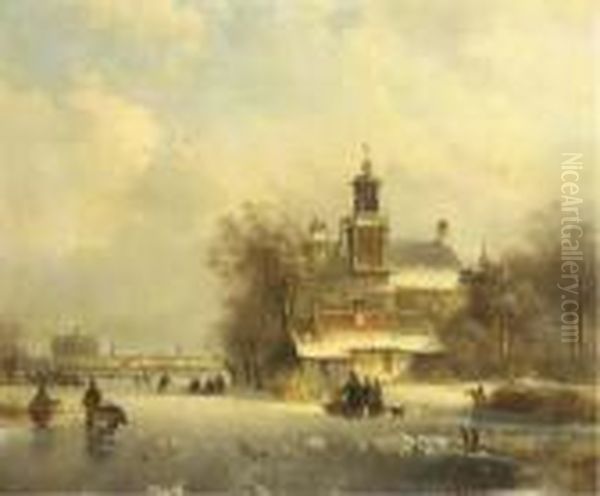Numerous Skaters On The Ice By A
 Church, A Koek And Zopie And Asunlit Town In The Distance - view 1