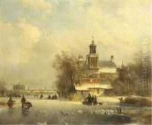 Numerous Skaters On The Ice By A
Church, A Koek And Zopie And Asunlit Town In The Distance by Lodewijk Johannes Kleijn