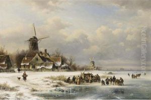 Skaters On A Frozen River Near A 'koek En Zopie' by Lodewijk Johannes Kleijn