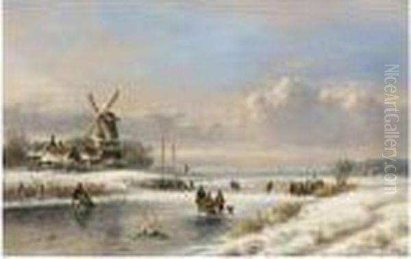 A Winter Landscape With Skaters
On A Frozen River; A Summer Landscape With Sailing Vessels On A River (a
Pair) - view 1