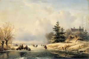 Skaters On A Frozen Waterway, A Mansion Beyond