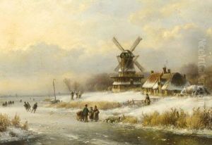 Skaters On A Frozen Waterway By A Windmill by Lodewijk Johannes Kleijn