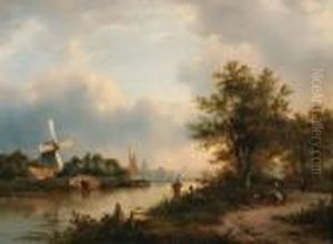 A River Landscape In Autumn With Villagers On A Path Along Thewater, A Town Beyond by Lodewijk Johannes Kleijn